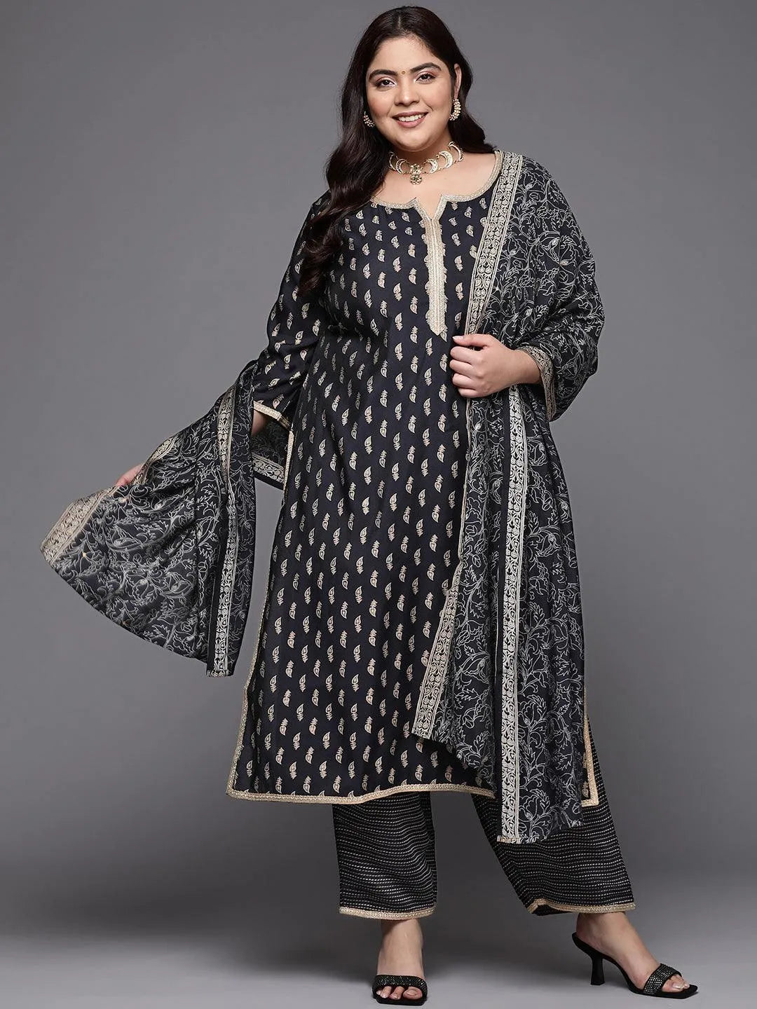 Plus Size Navy Blue Printed Silk Blend Straight Suit Set - Jashvi