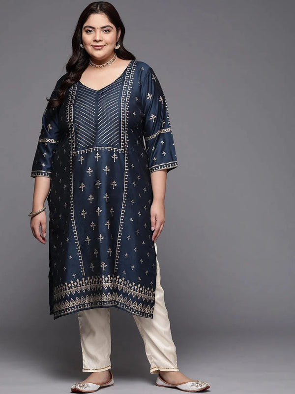 Plus Size Navy Blue Printed Silk Straight Kurta - Jashvi