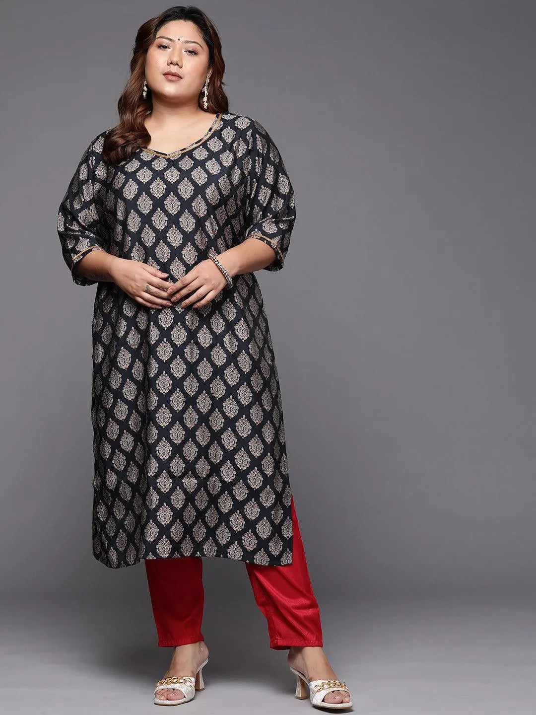 Plus Size Navy Blue Printed Silk Straight Kurta - Jashvi