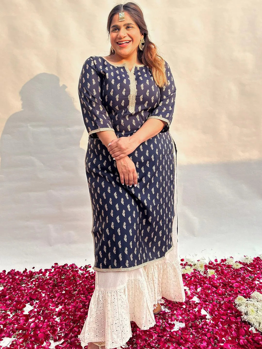 Plus Size Navy Blue Printed Silk Straight Kurta - Jashvi