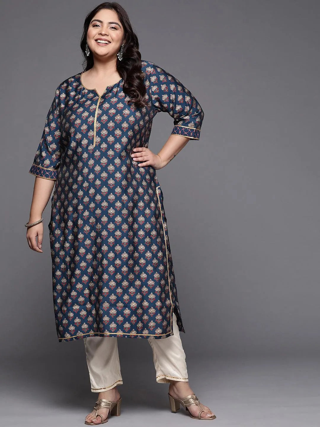 Plus Size Navy Blue Printed Silk Straight Kurta - Jashvi