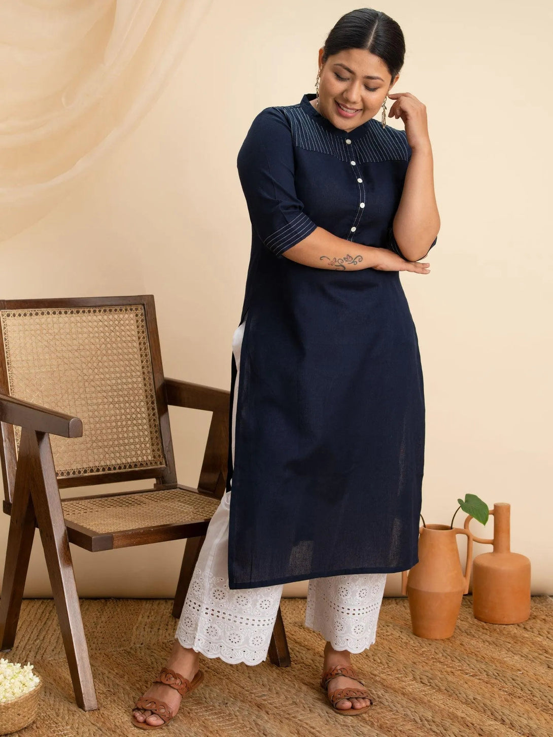 Plus Size Navy Blue Solid Cotton Kurta - Jashvi