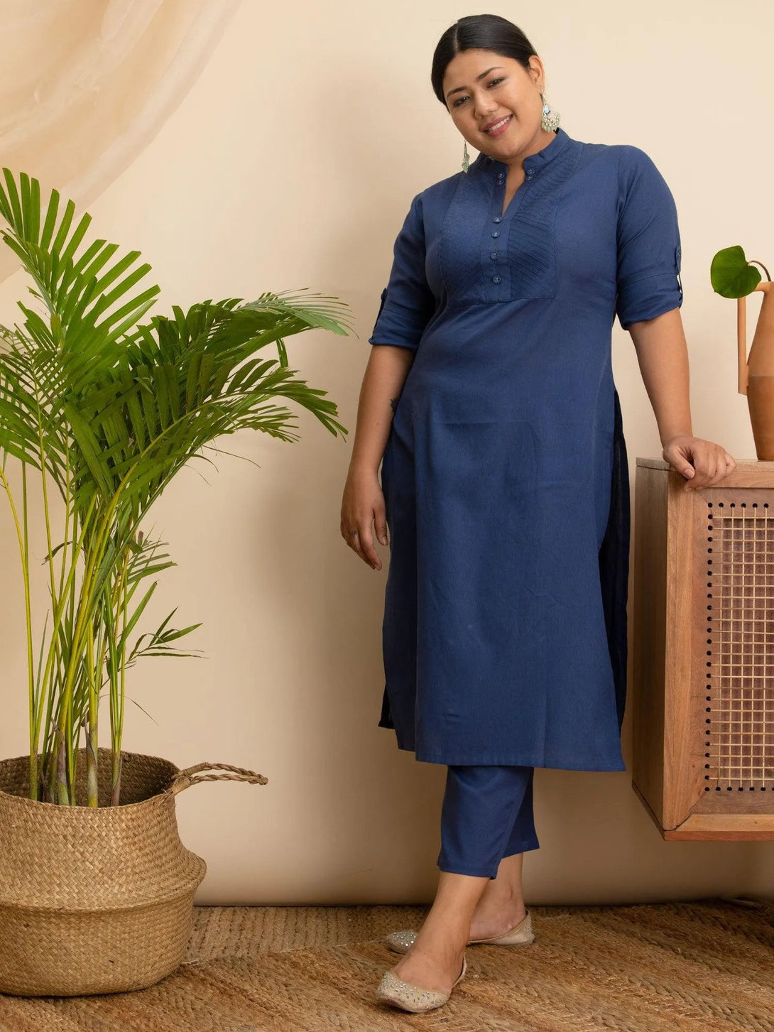 Plus Size Navy Blue Solid Cotton Kurta - Jashvi