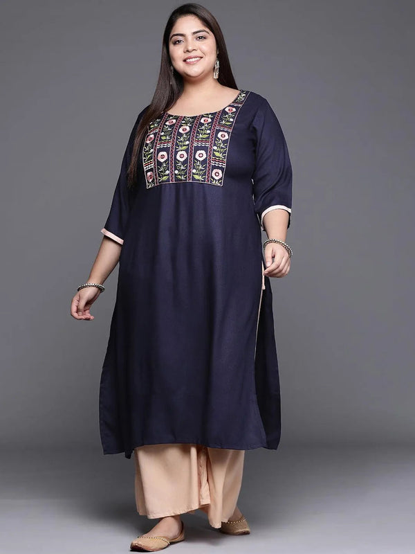 Plus Size Navy Blue Solid Wool Kurta - Jashvi