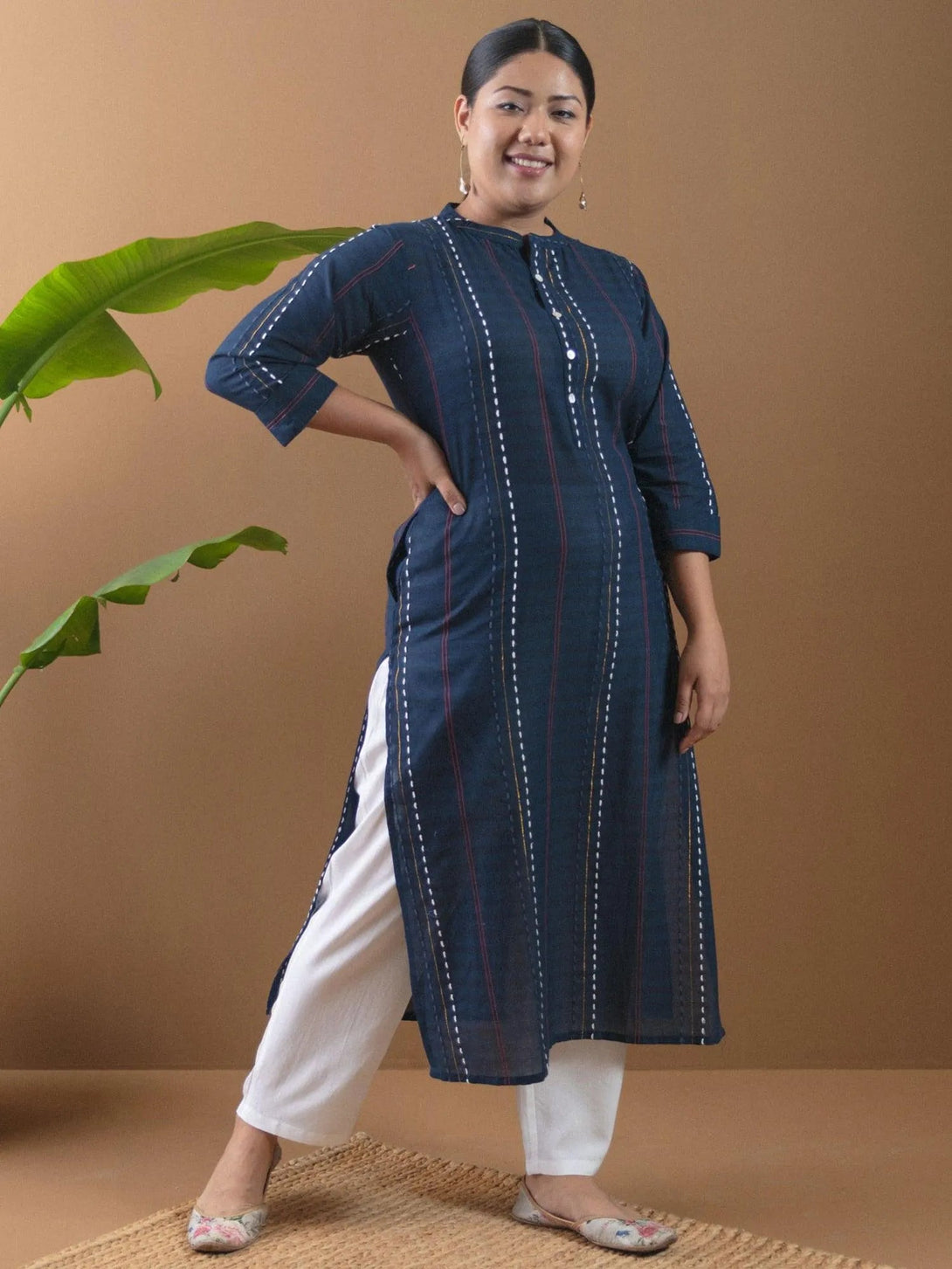 Plus Size Navy Blue Striped Cotton Kurta - Jashvi