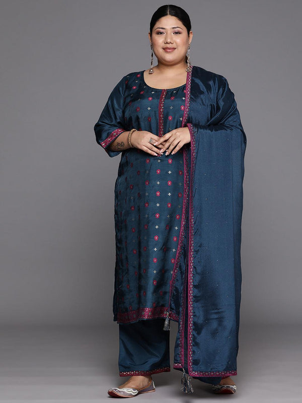 Plus Size Navy Blue Woven Design Silk Blend Straight Suit Set - Jashvi