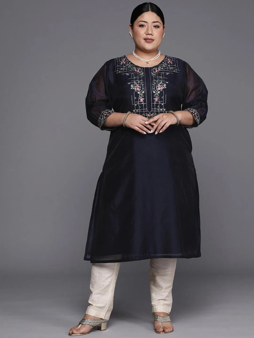 Plus Size Navy Blue Yoke Design Chanderi Cotton Straight Kurta - Jashvi