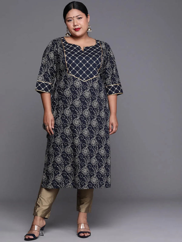 Plus Size Navy Blue Yoke Design Cotton Kurta - Jashvi