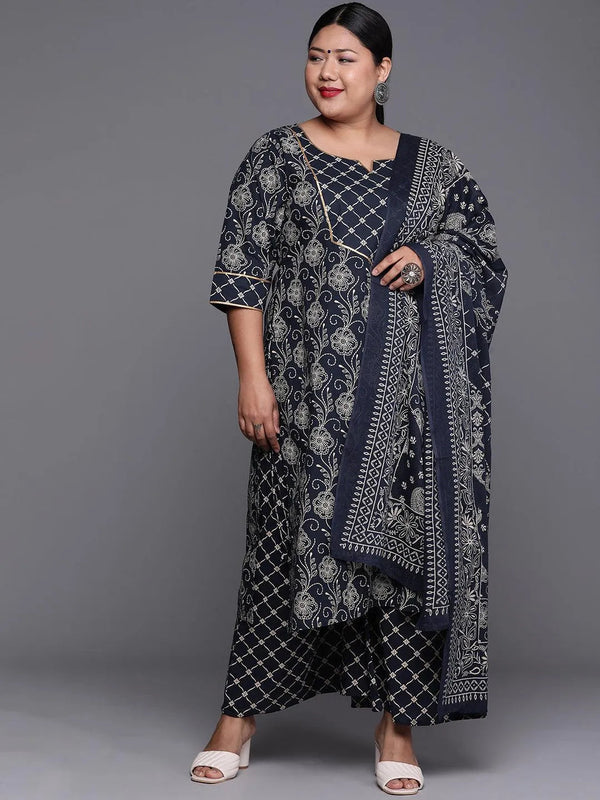 Plus Size Navy Blue Yoke Design Cotton Suit Set - Jashvi