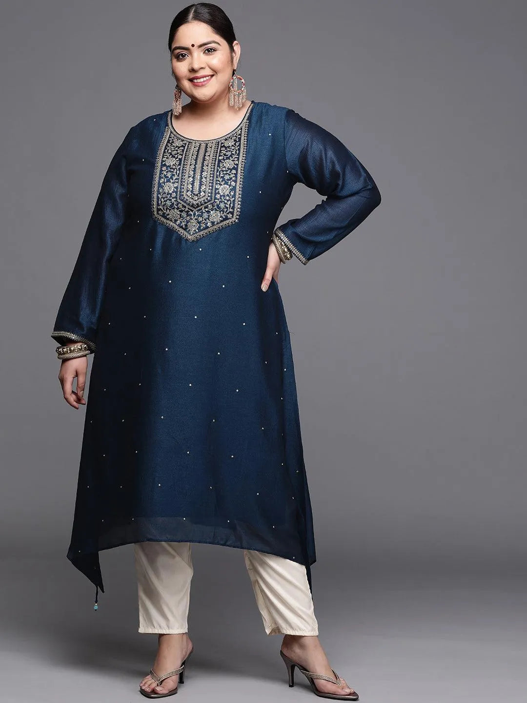 Plus Size Navy Blue Yoke Design Silk Kurta - Jashvi