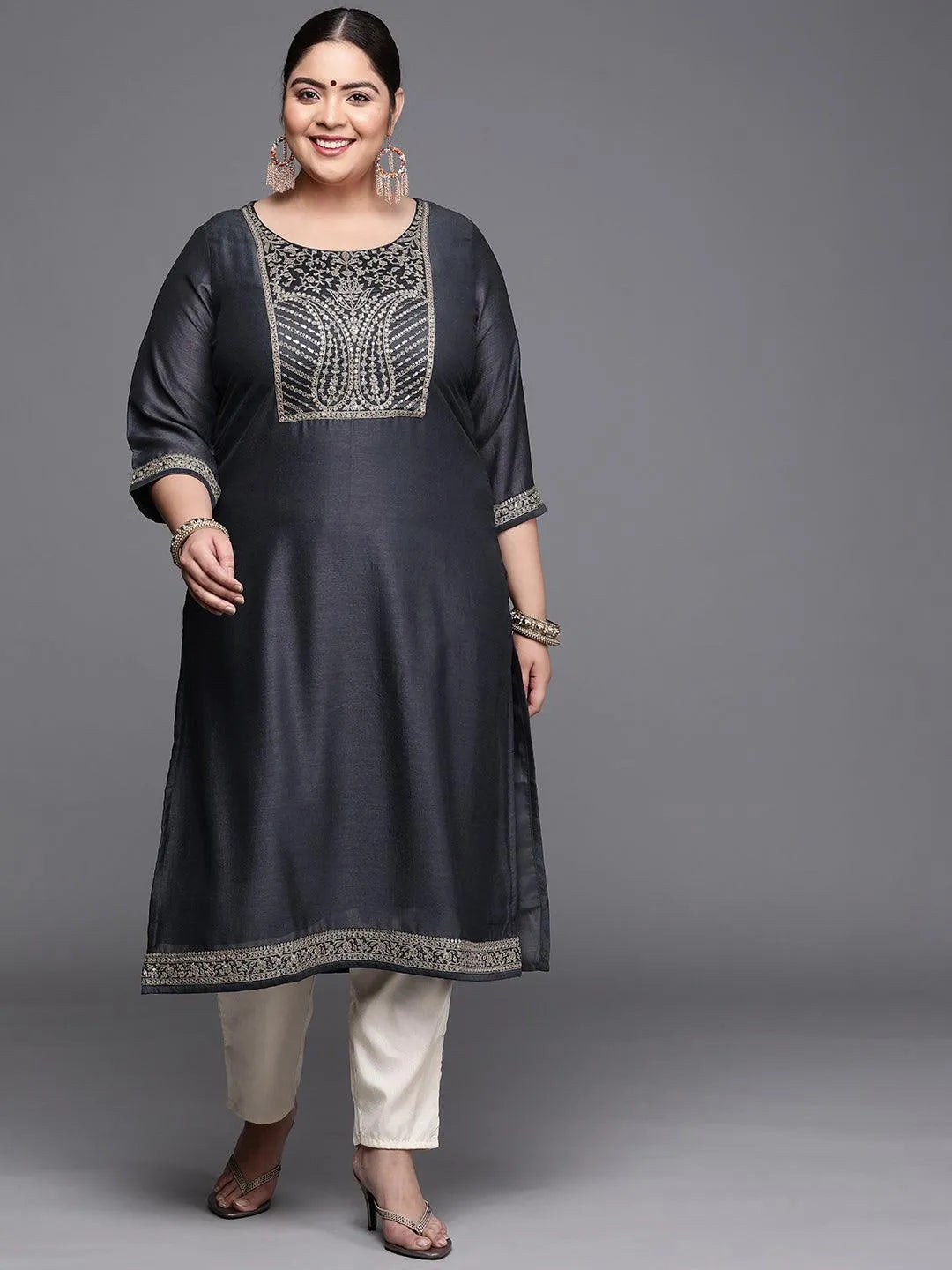 Plus Size Navy Blue Yoke Design Silk Kurta - Jashvi