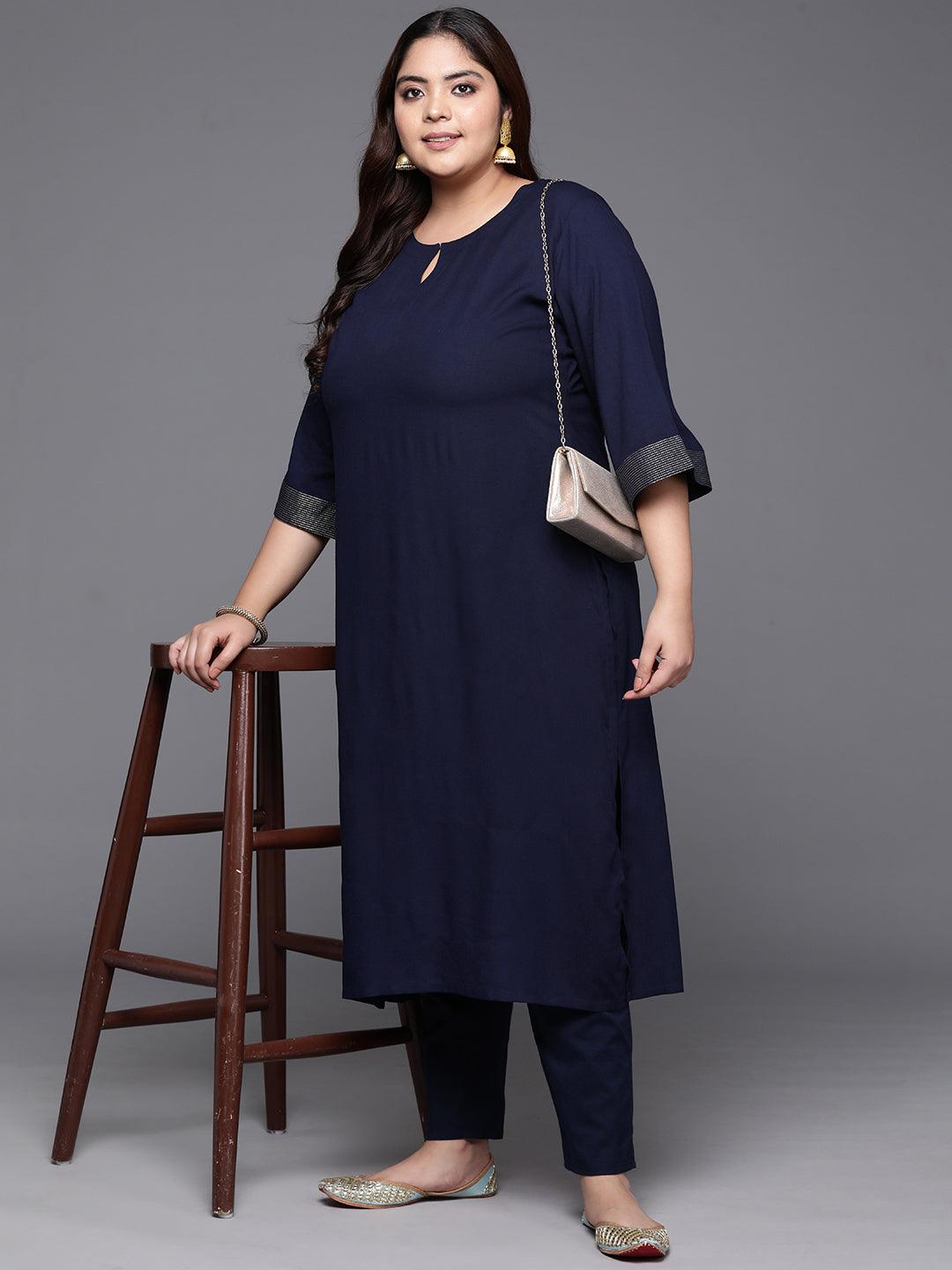 Plus Size Navy Solid Rayon Straight Kurta - Jashvi