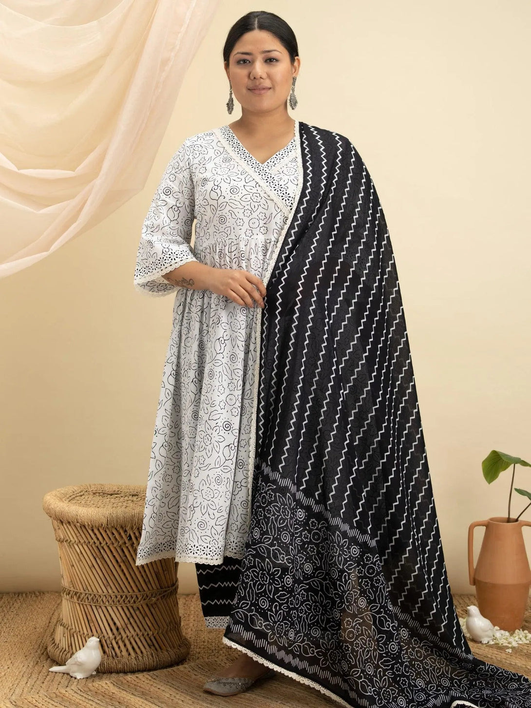 Plus Size White Printed Cotton Suit Set - Jashvi