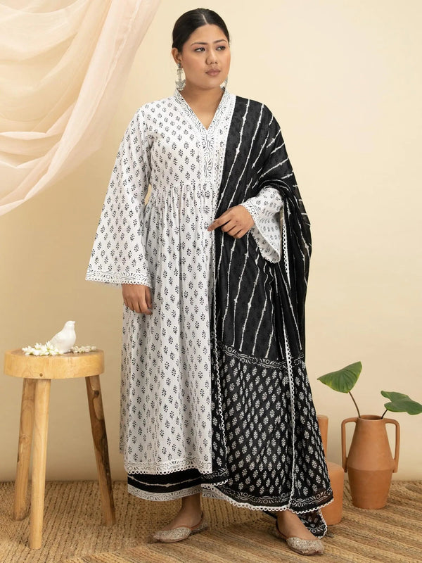 Plus Size White Printed Cotton Suit Set - Jashvi