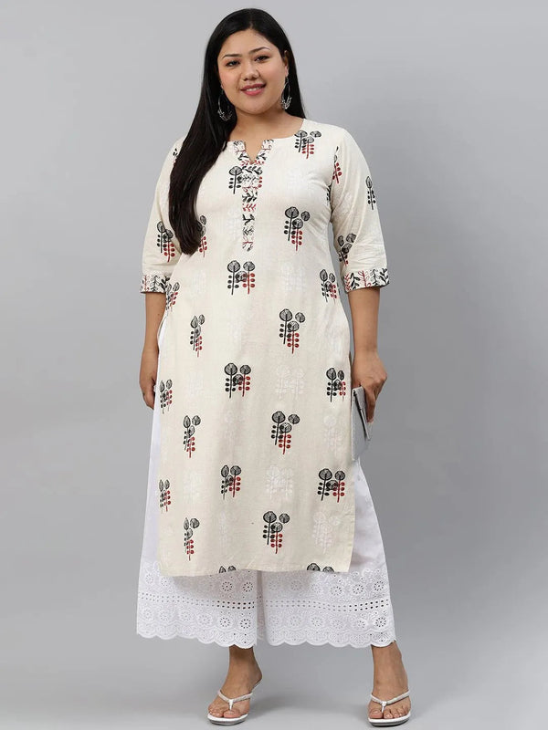 Plus Size Off-White Printed Cotton Kurta - Jashvi