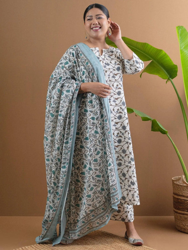 Plus Size White Printed Cotton Suit Set - Jashvi