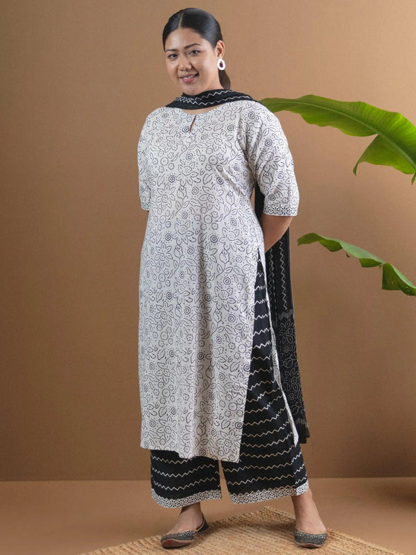 Plus Size White Printed Cotton Suit Set - Jashvi