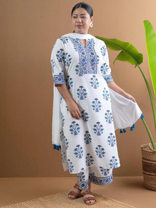 Plus Size White Printed Cotton Suit Set - Jashvi