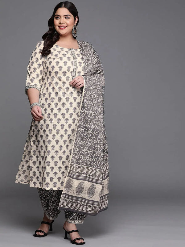 Plus Size Off White Printed Cotton Suit Set - Jashvi