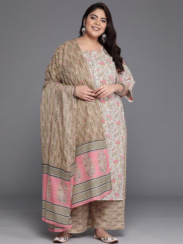 Plus Size Off White Printed Cotton Straight Suit Set - Jashvi