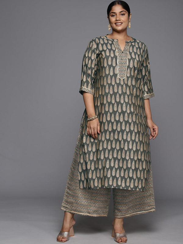 Plus Size Olive Printed Silk Blend Straight Kurta With Palazzos - Jashvi