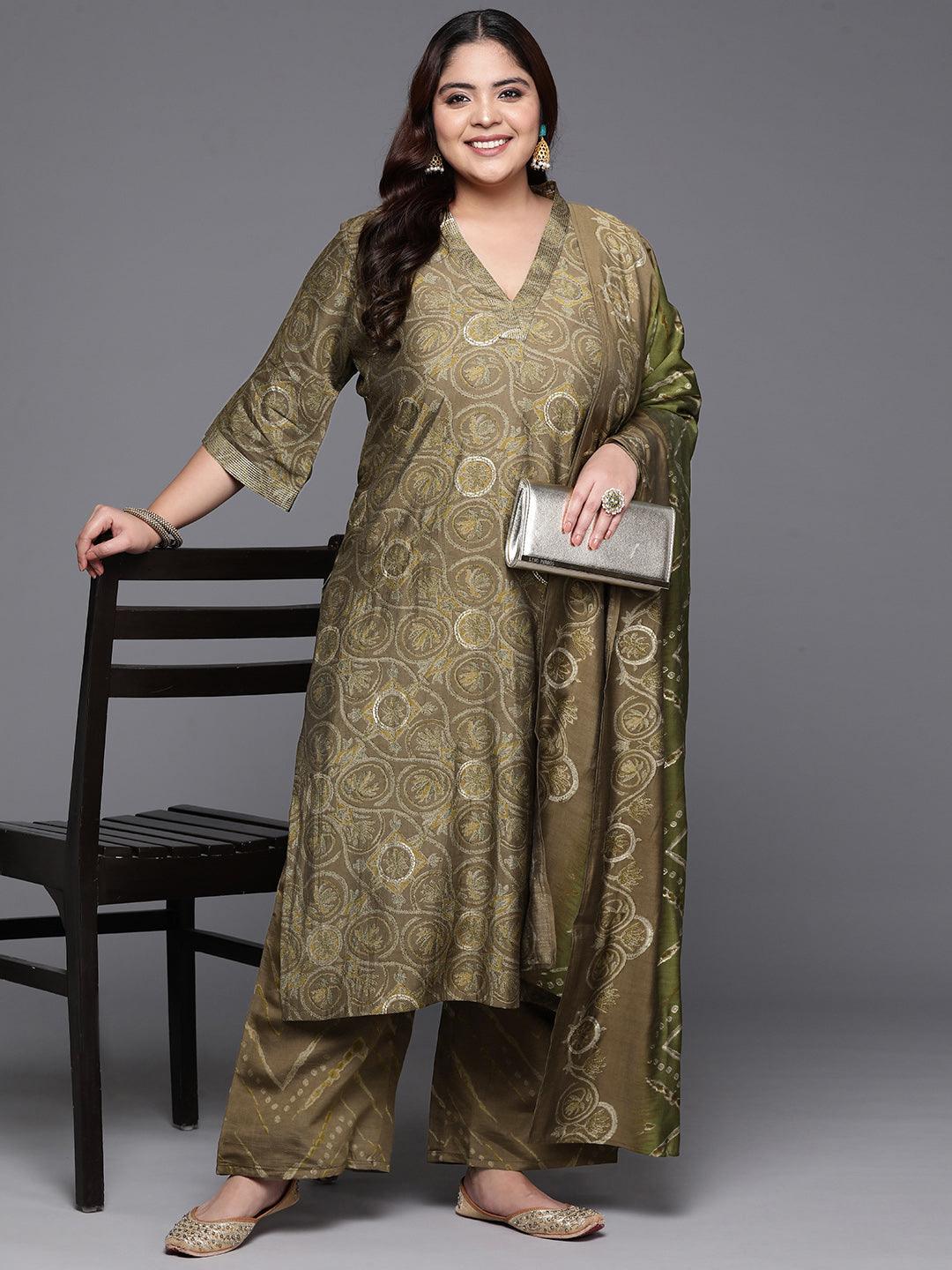 Plus Size Olive Printed Silk Blend Straight Kurta With Trousers & Dupatta - Jashvi