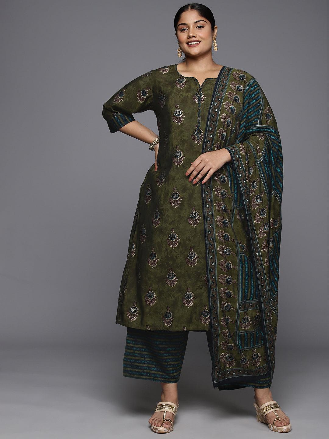 Plus Size Olive Printed Silk Blend Straight Kurta With Trousers & Dupatta - Jashvi