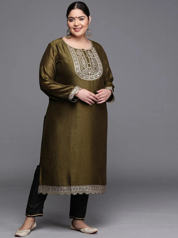 Plus Size Olive Yoke Design Silk Kurta - Jashvi