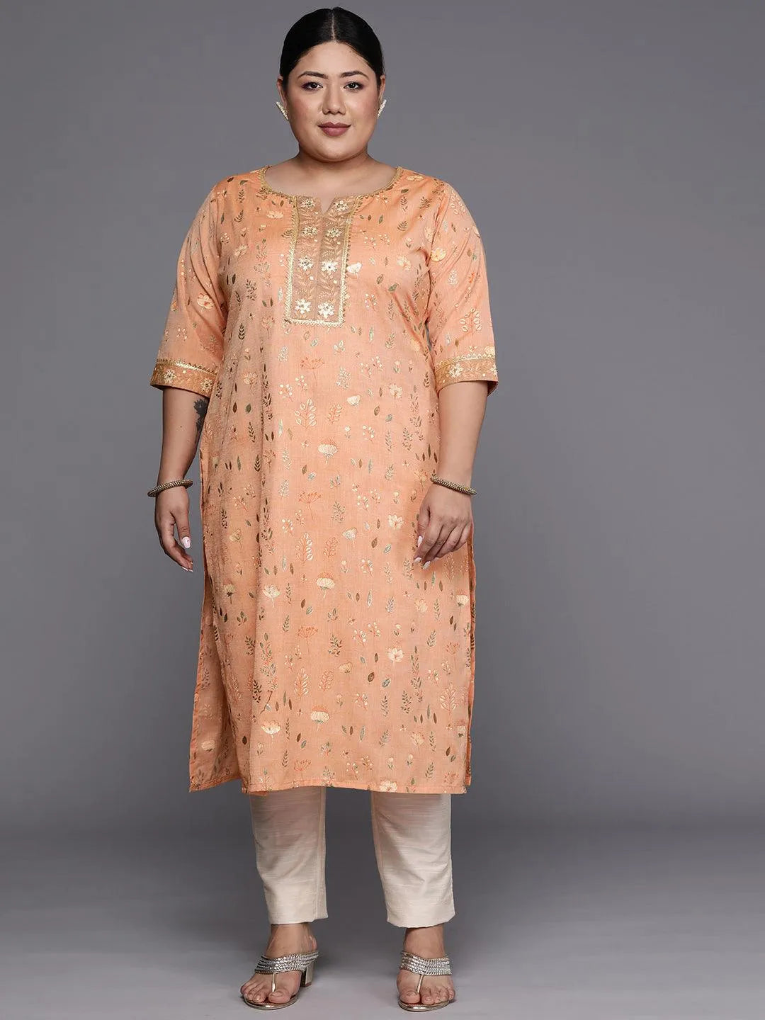 Plus Size Orange Printed Cotton Silk Straight Kurta - Jashvi