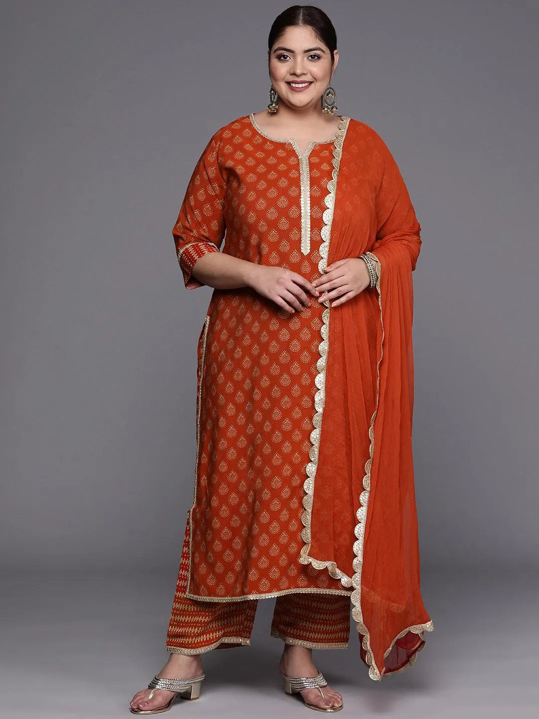 Plus Size Orange Printed Silk Blend Straight Suit Set - Jashvi