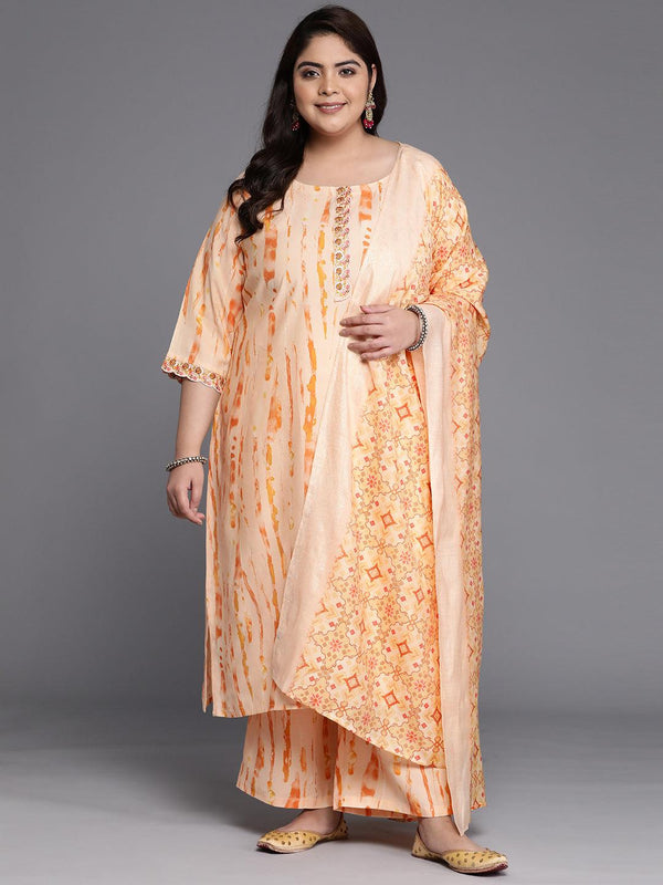 Plus Size Orange Printed Silk Blend Straight Suit Set - Jashvi