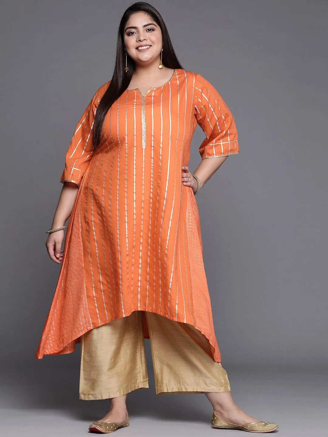 Plus Size Orange Self Design Chanderi Silk A-Line Kurta - Jashvi