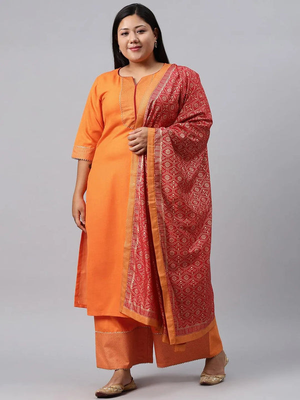 Plus Size Orange Solid Cotton Suit Set - Jashvi