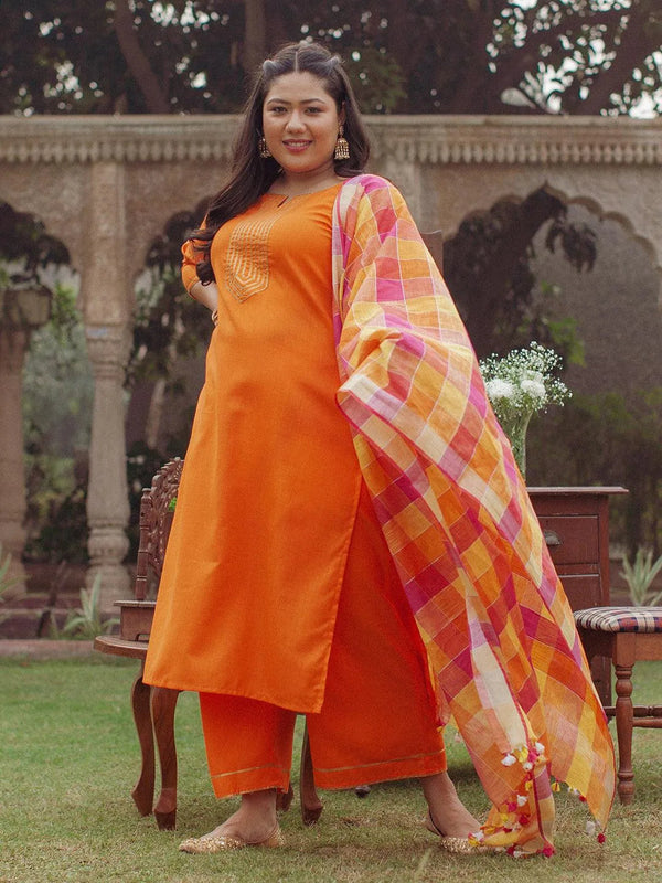 Plus Size Orange Solid Cotton Suit Set - Jashvi