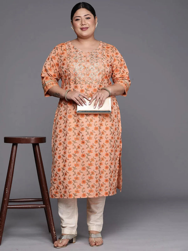 Plus Size Orange Yoke Design Cotton Silk Straight Kurta - Jashvi