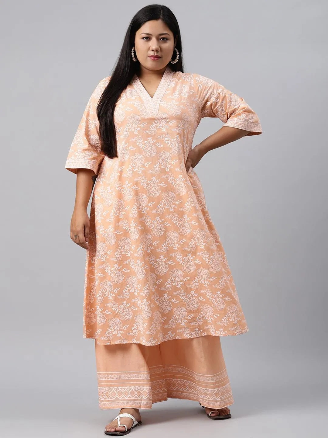 Plus Size Peach Printed Cotton Kurta - Jashvi