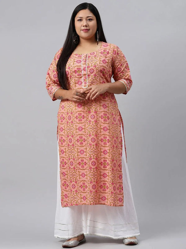 Plus Size Peach Printed Cotton Kurta - Jashvi