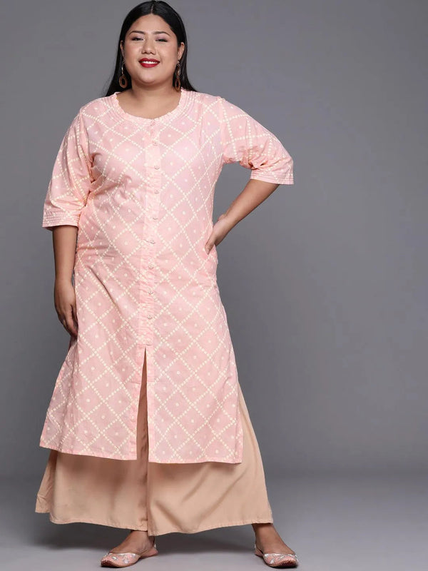 Plus Size Peach Printed Cotton Kurta - Jashvi