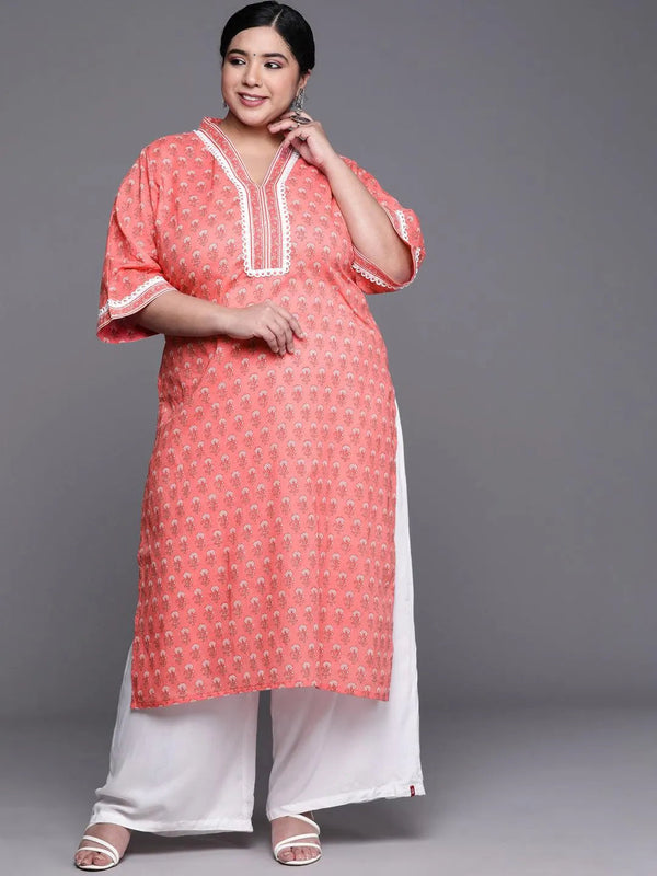 Plus Size Peach Printed Cotton Kurta - Jashvi