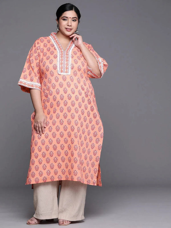 Plus Size Peach Printed Cotton Kurta - Jashvi