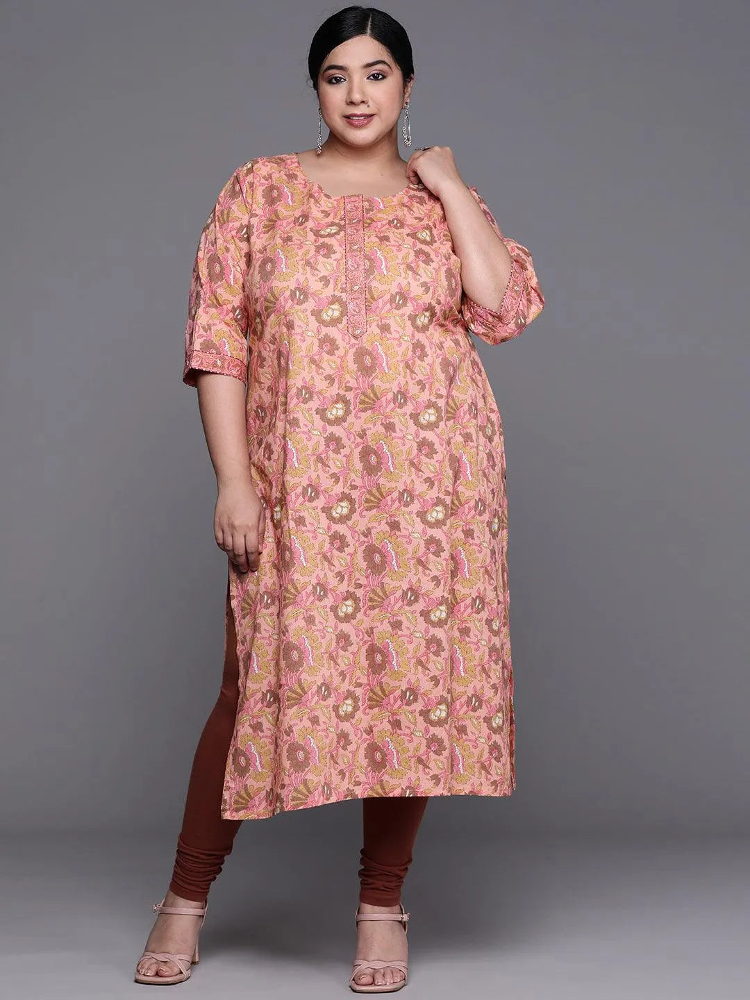 Plus Size Peach Printed Cotton Kurta - Jashvi