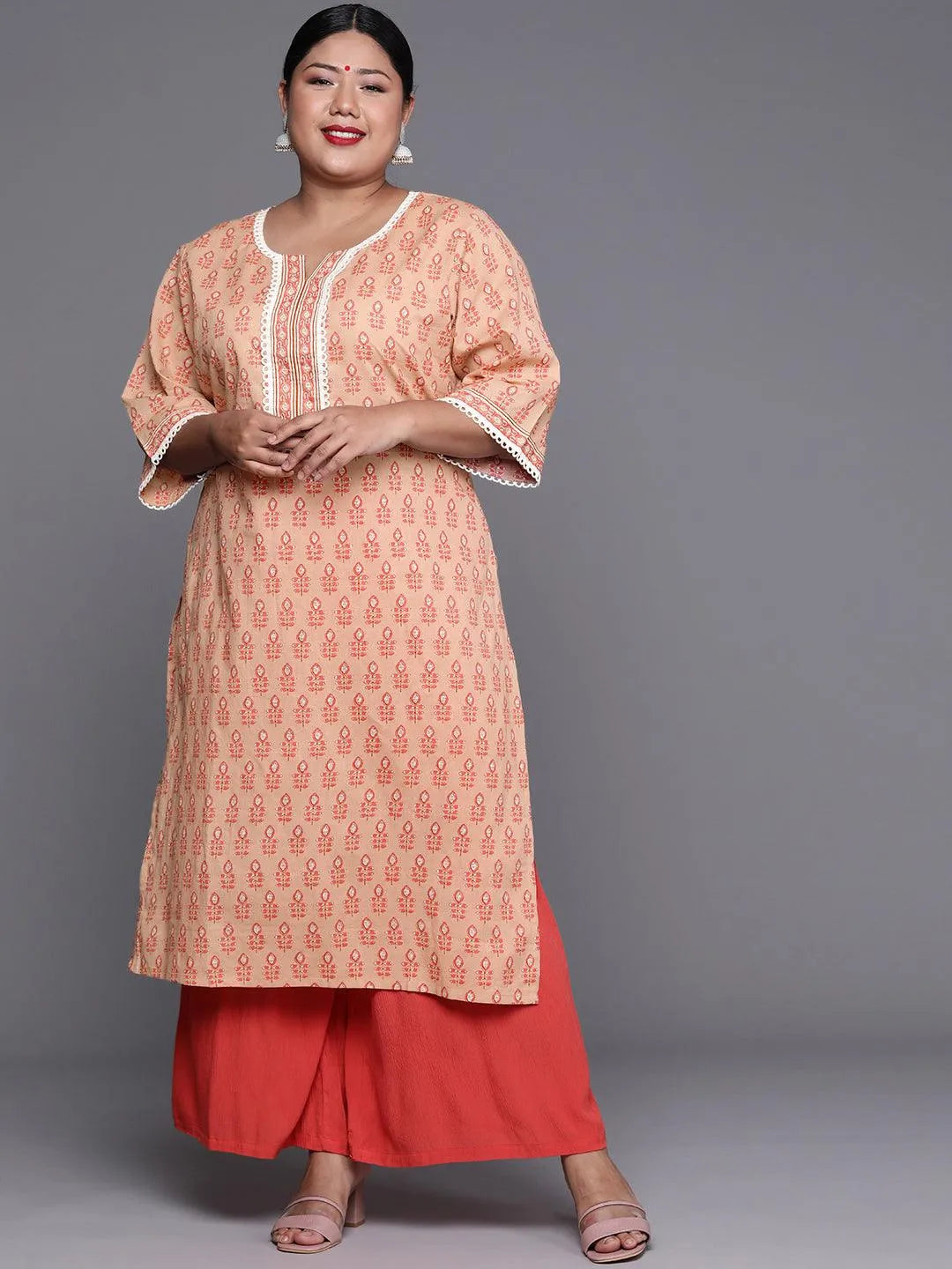 Plus Size Peach Printed Cotton Kurta - Jashvi