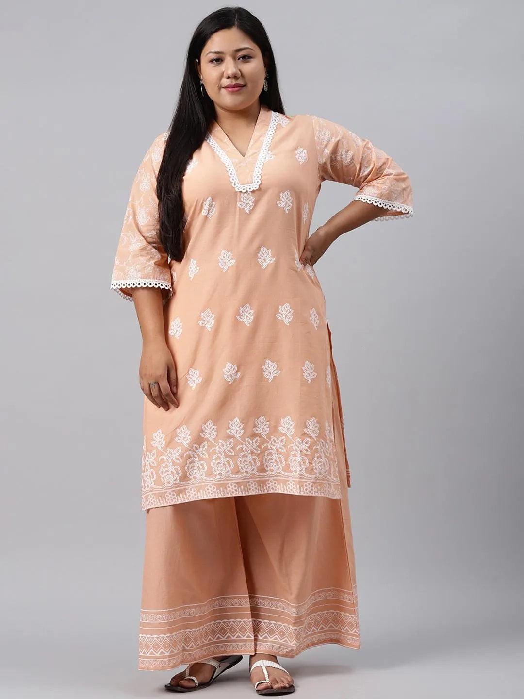 Plus Size Peach Printed Cotton Kurta - Jashvi