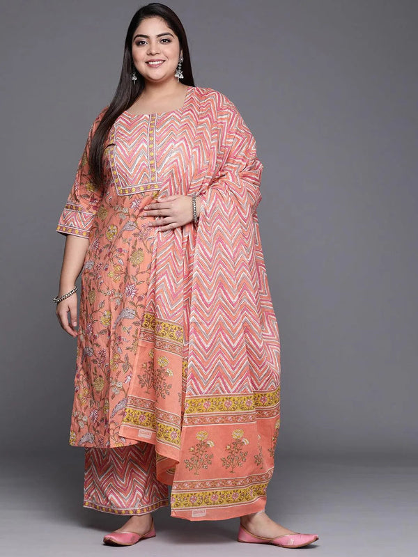 Plus Size Peach Printed Cotton Suit Set - Jashvi