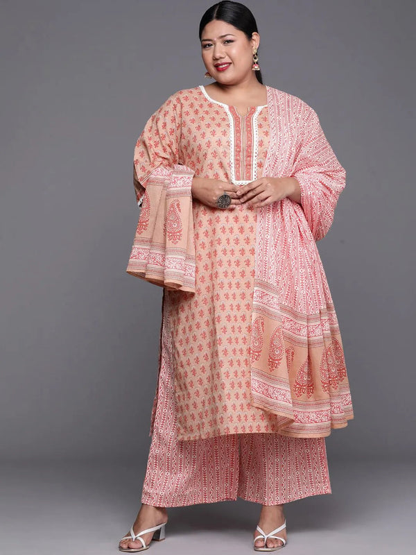 Plus Size Peach Printed Cotton Suit Set - Jashvi