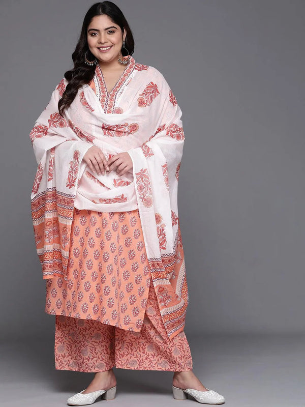 Plus Size Peach Printed Cotton Suit Set - Jashvi