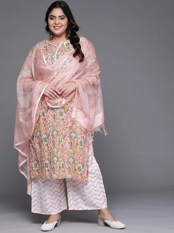 Plus Size Peach Printed Cotton Suit Set - Jashvi