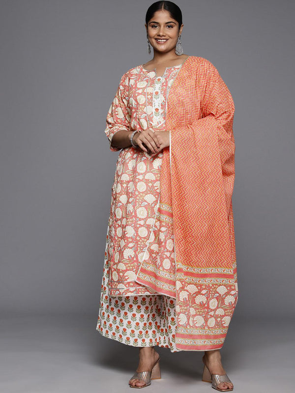 Plus Size Peach Printed Cotton Straight Kurta With Palazzos & Dupatta - Jashvi