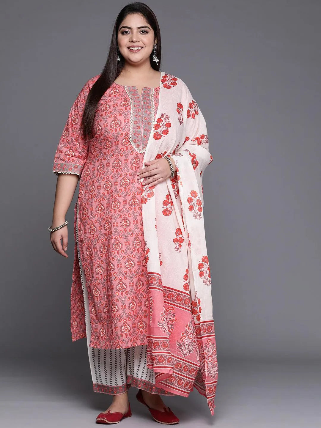 Plus Size Peach Printed Cotton Suit Set - Jashvi