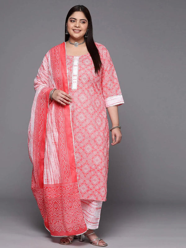 Plus Size Peach Printed Cotton Suit Set With Trousers - Jashvi